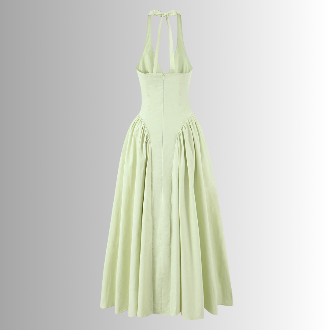Backless green cotton summer dress with low waist