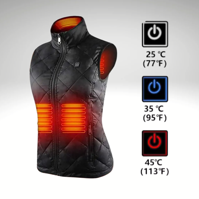 3 Adjustable Heat Levels
Women’s heated vest with three adjustable heat levels, white,blue, and red LED control button.
