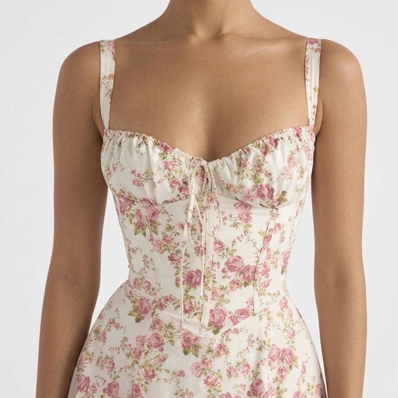 Women’s Elegant Floral Midi Dress – Structured Bustier Design
