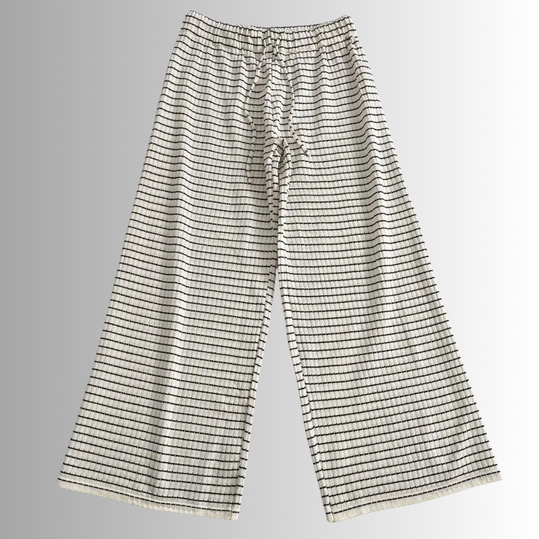 Striped wide-leg knit pants for women, high-waisted with drawstring