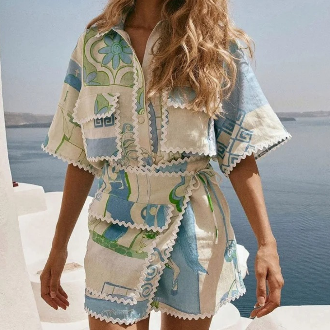 Woman wearing the Ariella co-ord set: a Mediterranean printed shirt and matching high-waisted shorts