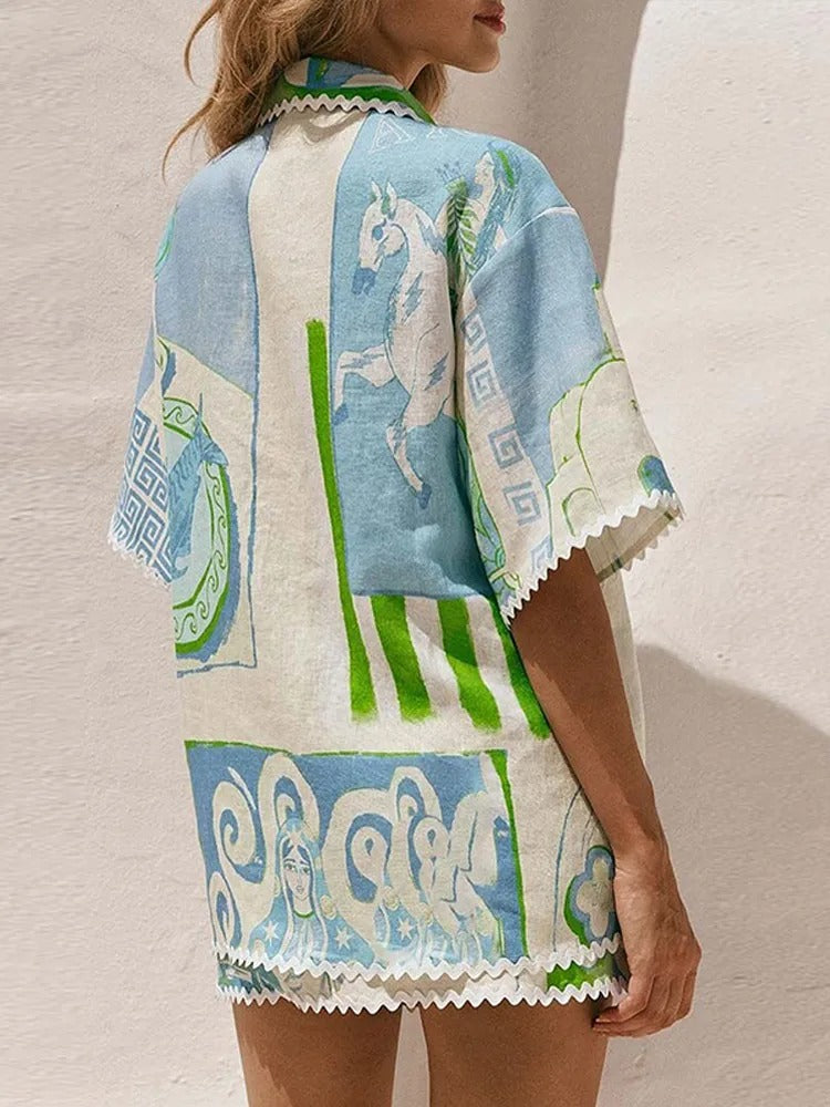 Woman wearing the Ariella co-ord set: a Mediterranean printed shirt and matching high-waisted shorts_back