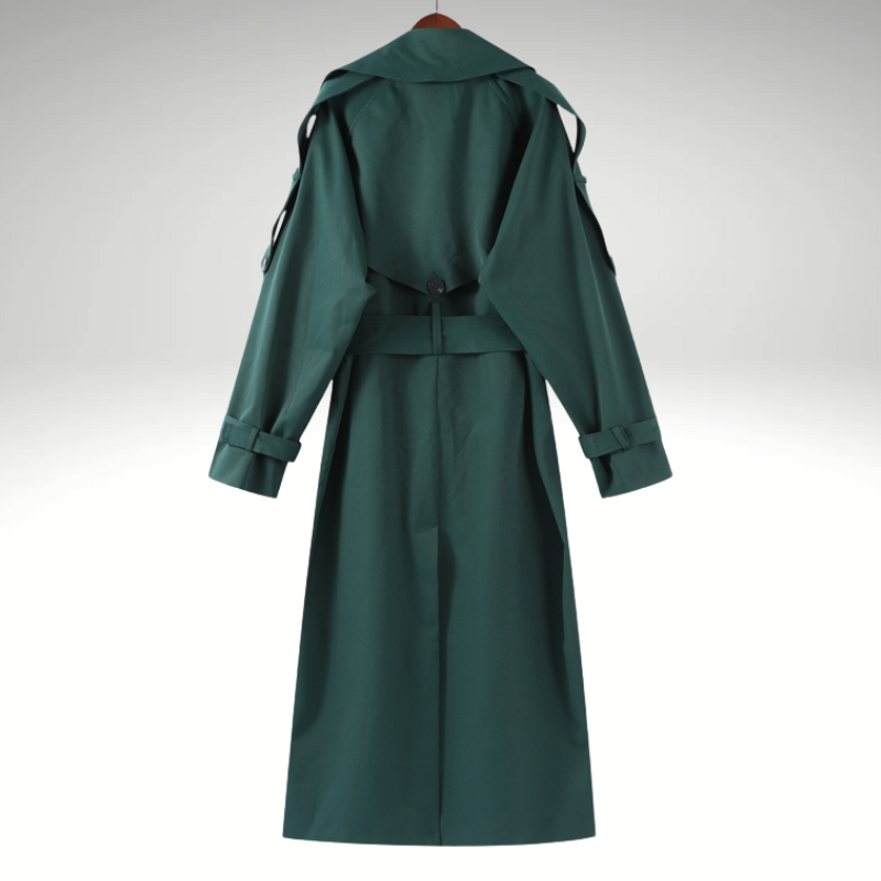 Gabardina verde para mujer – Larga cruzada con cinturón
