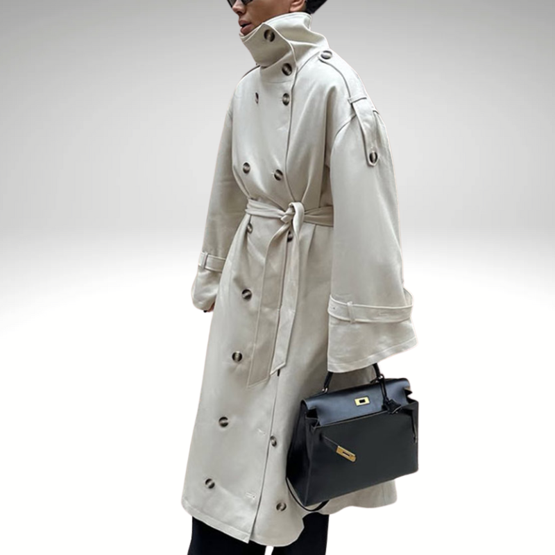 Gabardina beige para mujer – Larga cruzada con cinturón