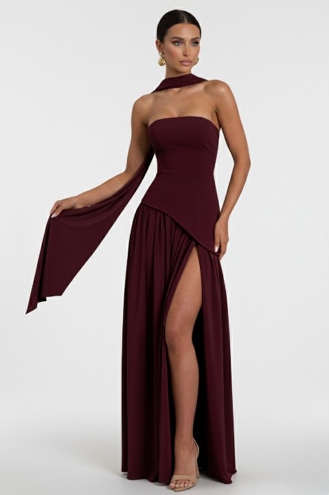 Elegant burgundy evening dress for women, flowing maxi silhouette