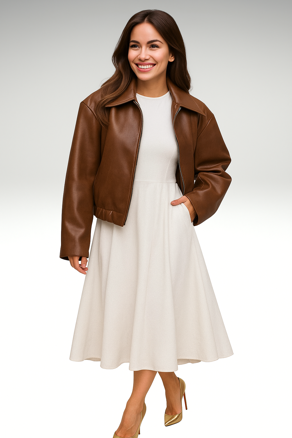 Eva Bomber – Trendy Leather Coat, Brown