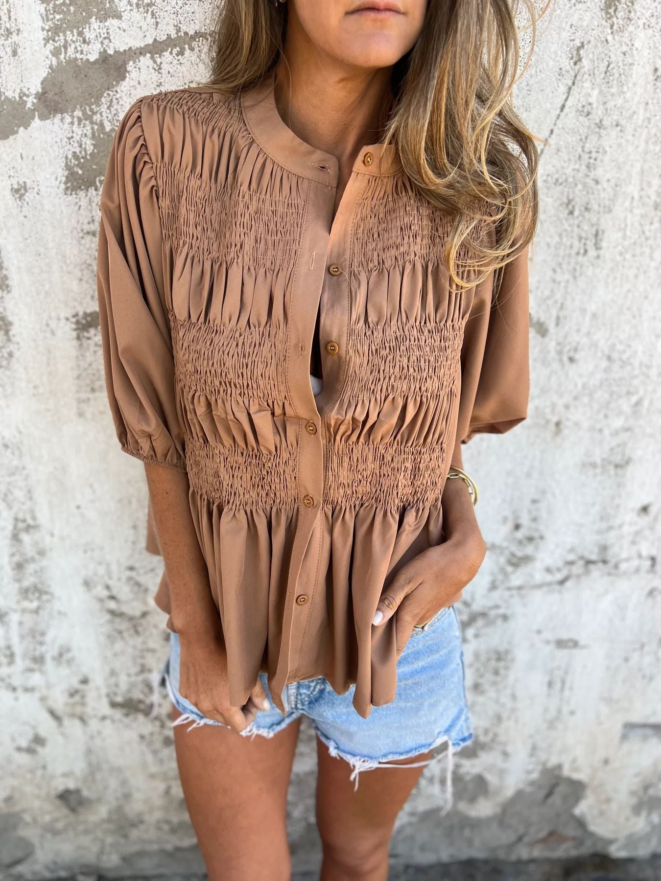 Brown-long-sleeve-blouse-women-alia-front