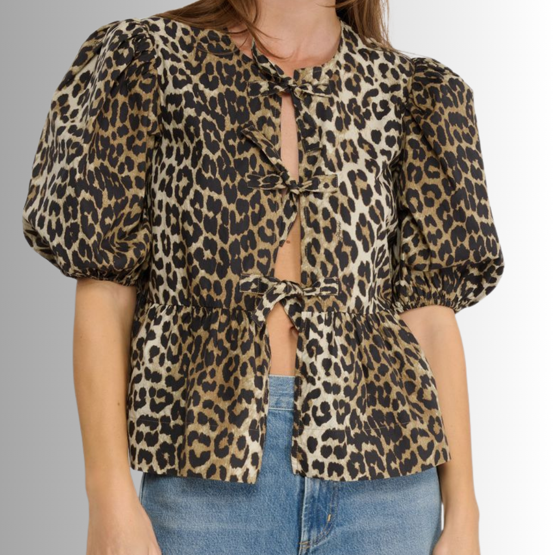 leopard print  blouse for women with front ties and elegant puff sleeves