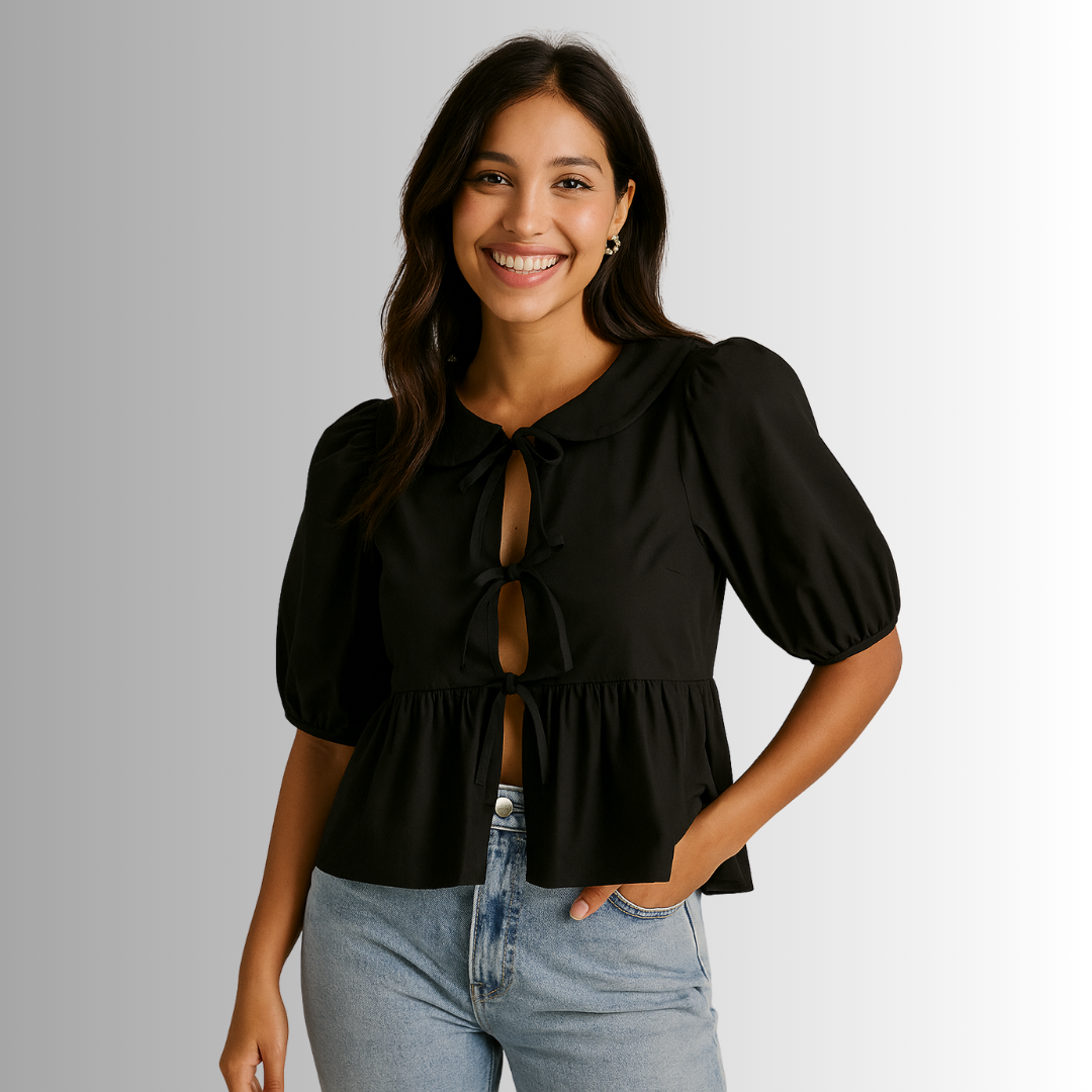 Black blouse for women with front ties and elegant puff sleeves