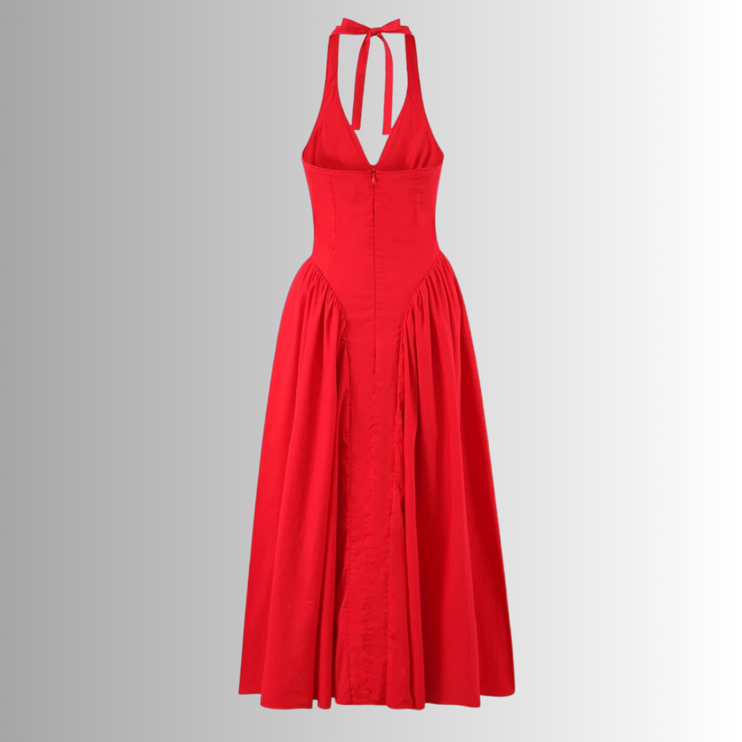 Back view of red halter neck dress with tie-back design