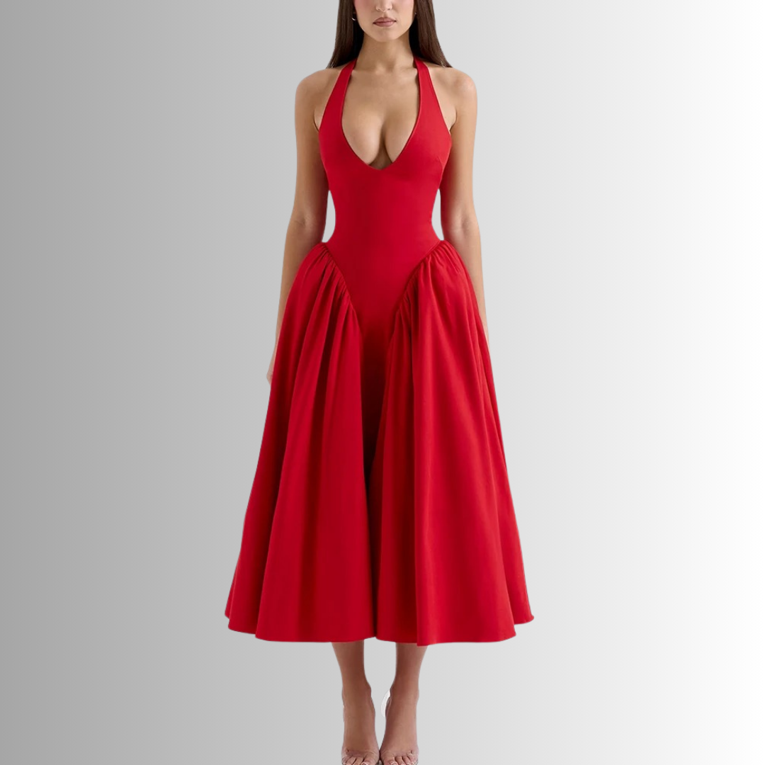 Model wearing red halter backless midi dress