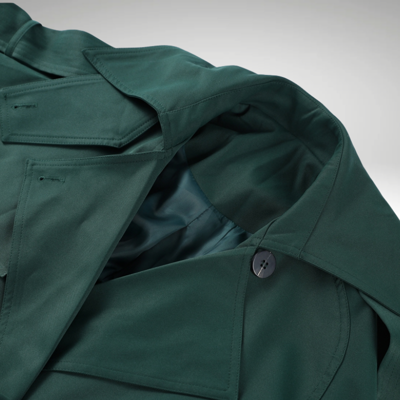 Gabardina verde para mujer – Larga cruzada con cinturón