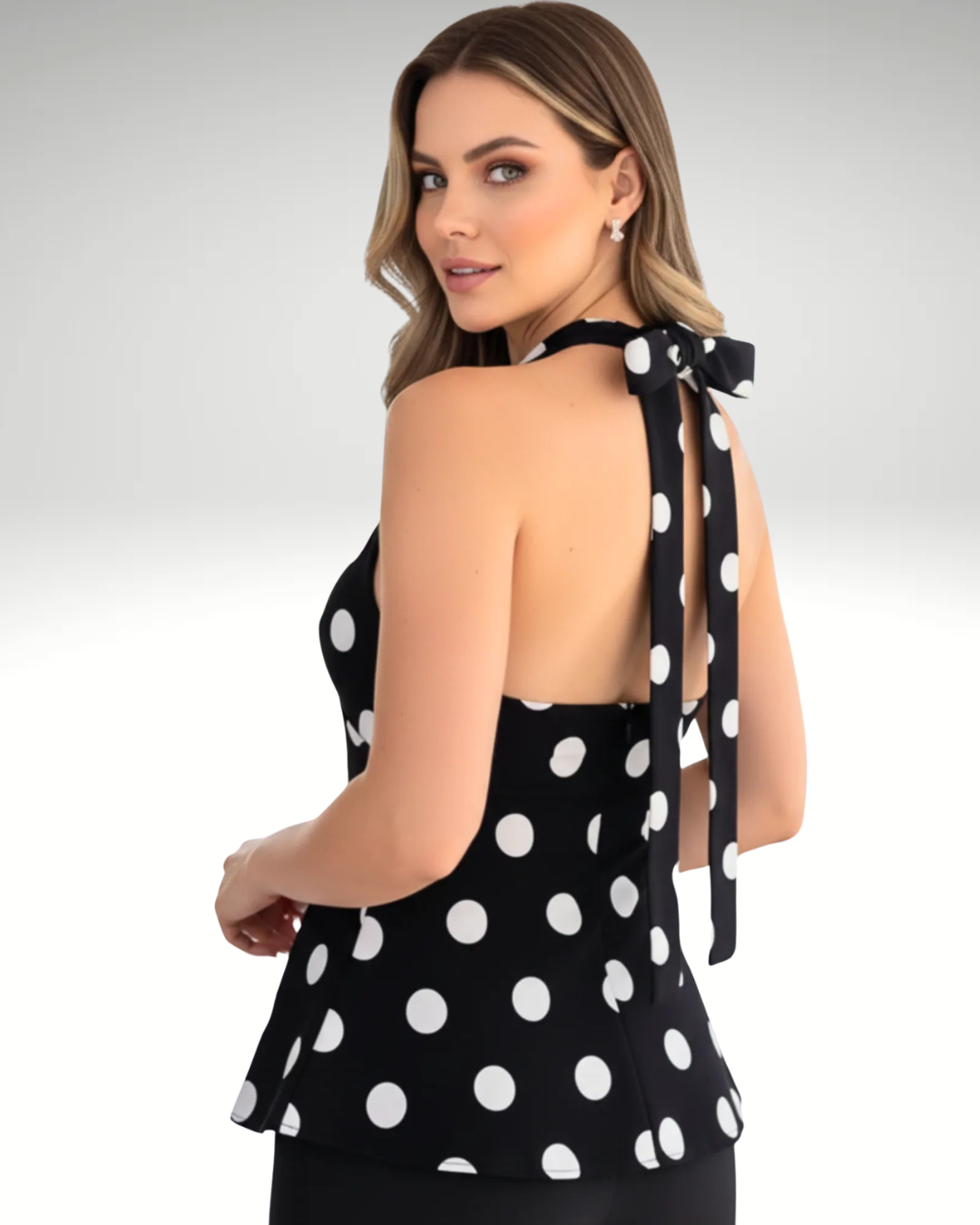 Women’s black polka dot backless top with bow