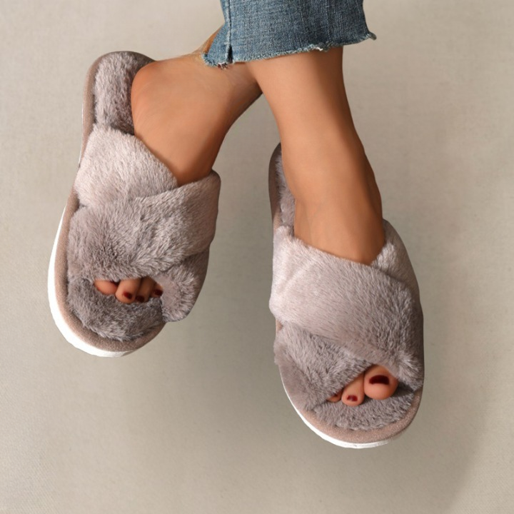 Close-up of brown fluffy slippers texture