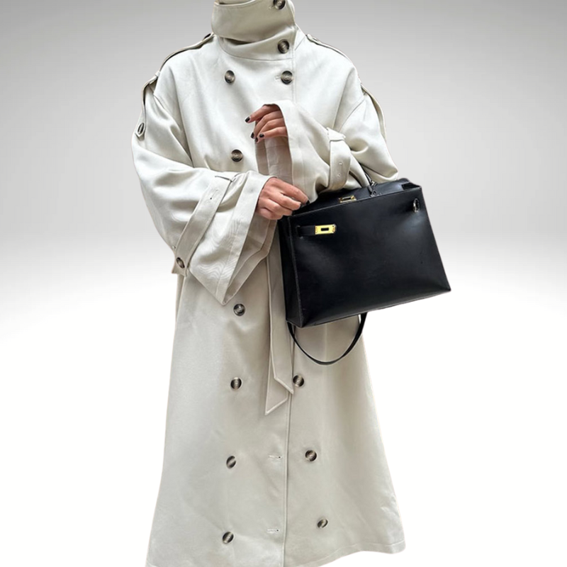 Gabardina beige para mujer – Larga cruzada con cinturón