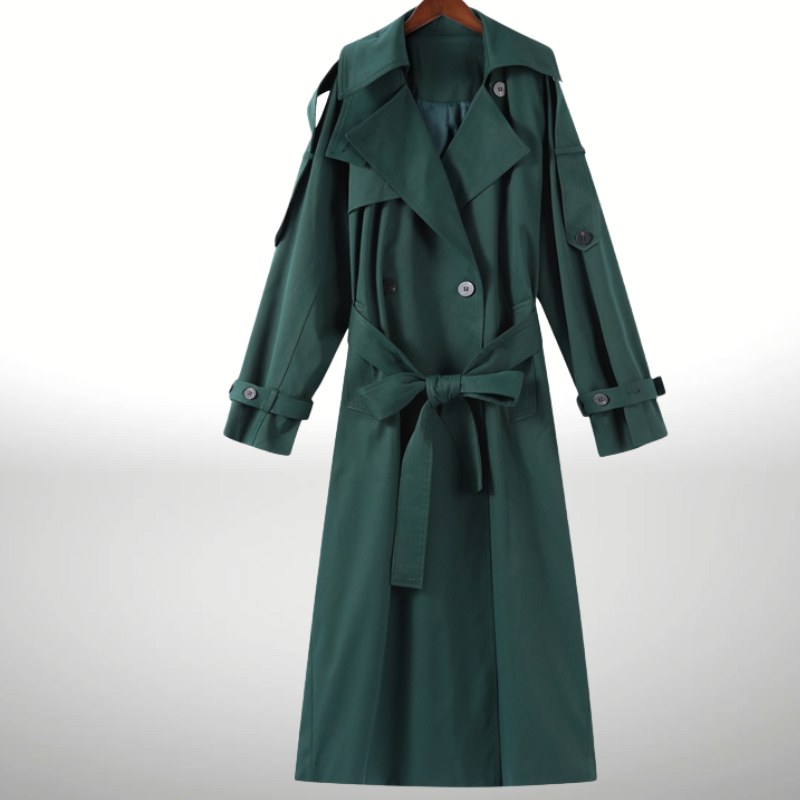 Gabardina beige para mujer – Larga cruzada con cinturón