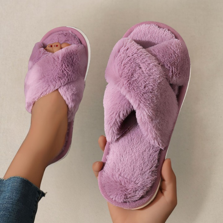 Close-up of purple fluffy slippers texture