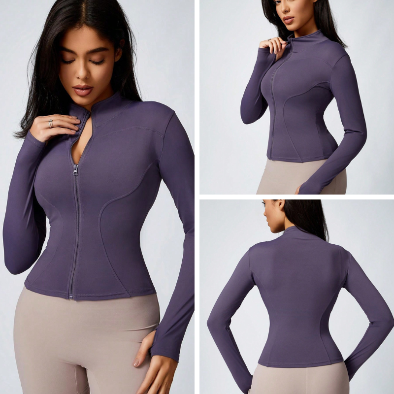 Close-up of purple women’s zip jacket fabric, soft and comfortable