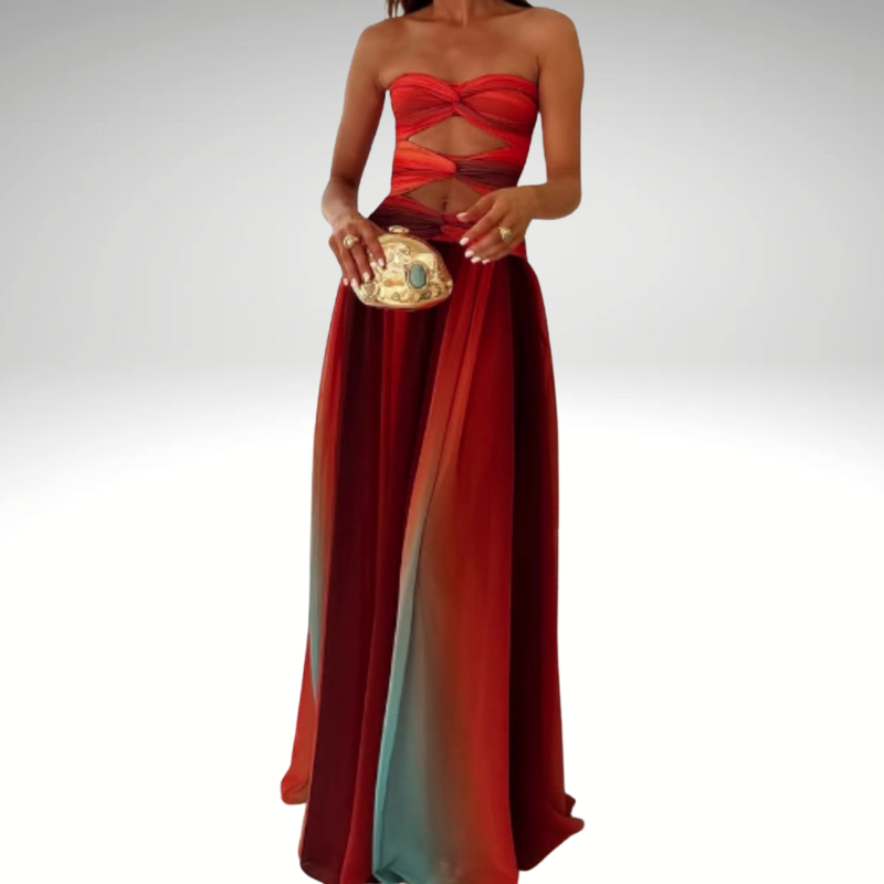 Elegant strapless maxi gown styled for summer parties and evening events