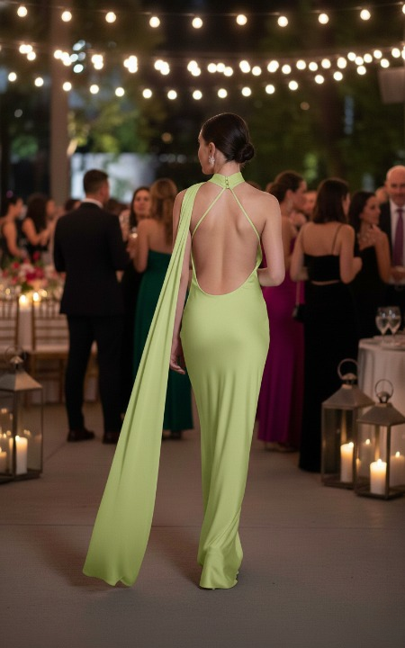 Aurelie Maxi Dress – long evening gown with flowing train in green satin, back view