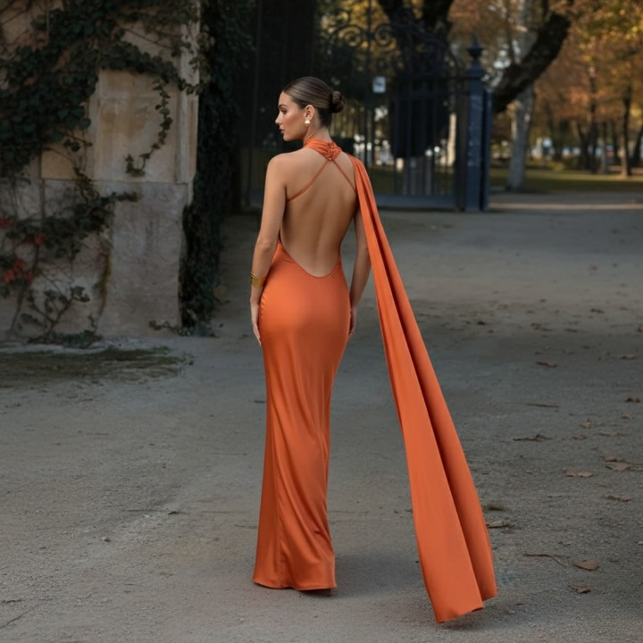 Aurelie Maxi Dress – long evening gown with flowing train in orange satin, back view