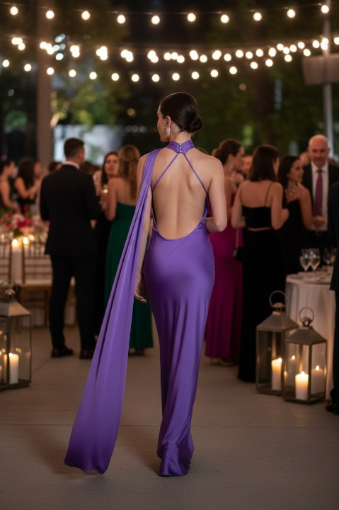 Aurelie Maxi Dress – long evening gown with flowing train in purple satin, back view