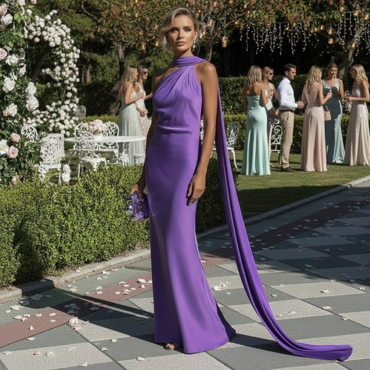 Aurelie Maxi Dress – elegant long purple evening gown, mermaid silhouette front view