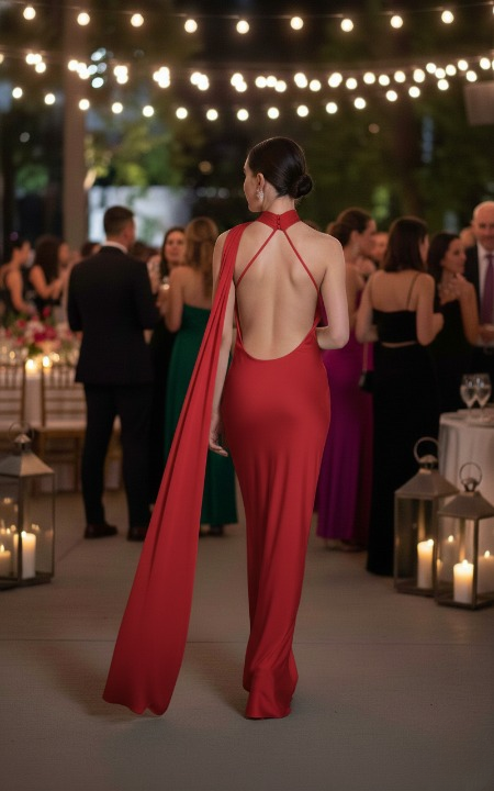 Aurelie Maxi Dress – long evening gown with flowing train in red satin, back view