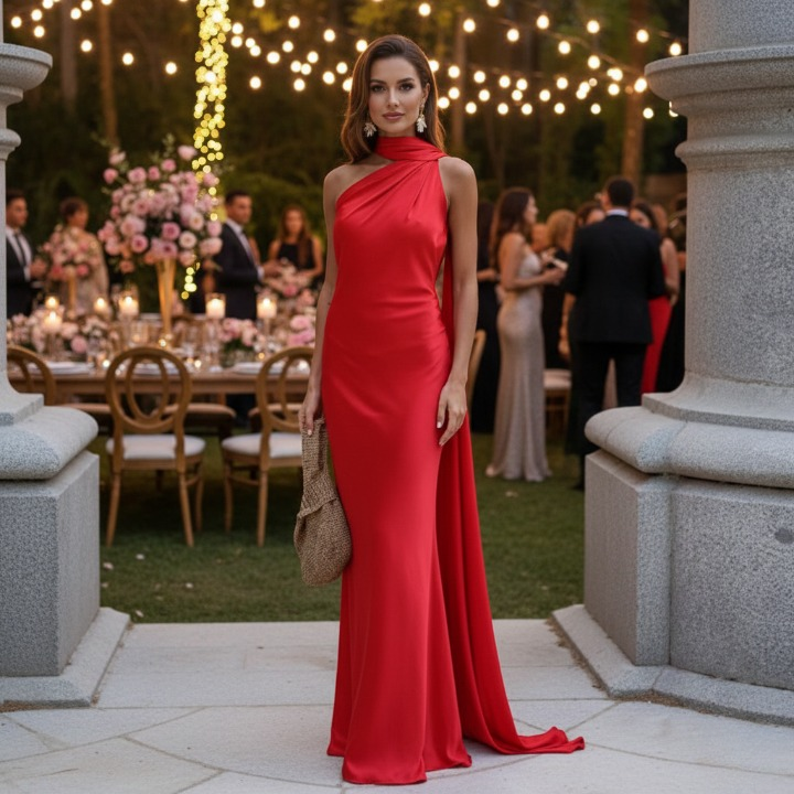 Aurelie Maxi Dress – elegant long red evening gown, mermaid silhouette front view