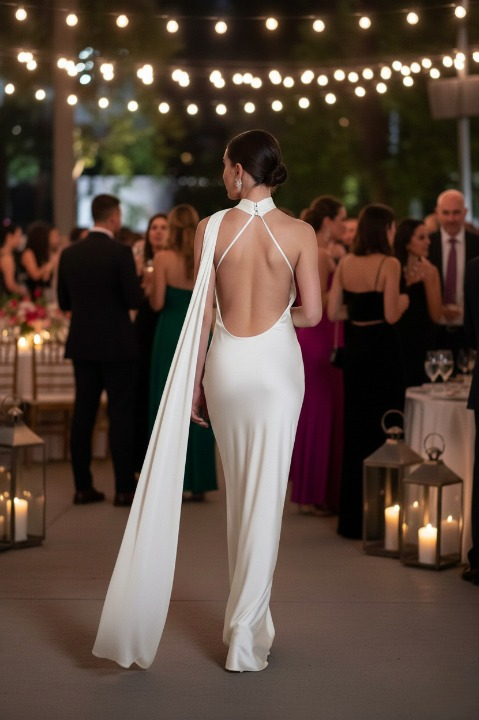 Aurelie Maxi Dress – long evening gown with flowing train in white satin, back view