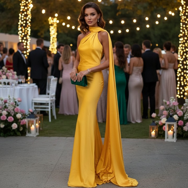 Aurelie Maxi Dress – elegant long evening gown in yellow satin, mermaid fit front view