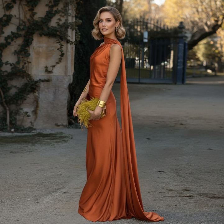 Aurelie Maxi Dress – long evening gown with flowing train in orange satin, side view