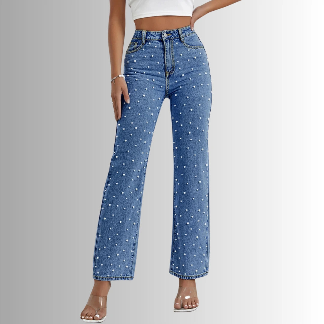 Aurora Beaded Denim jeans for women, straight fit, high-waisted, embellished with sparkling pearls on blue denim