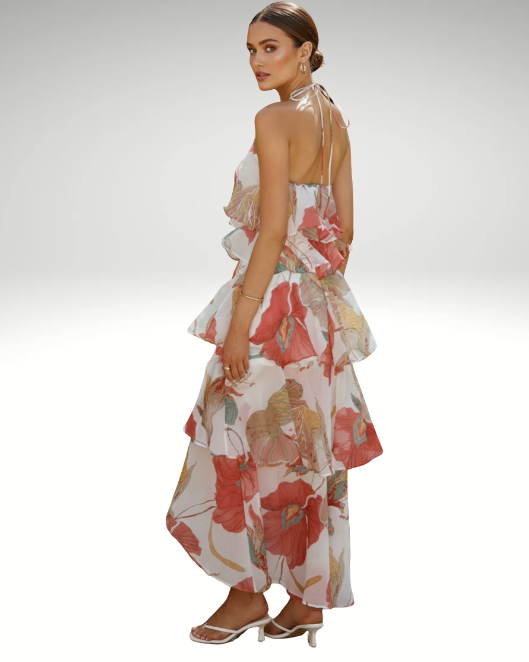 Detailed backless design of an elegant floral summer dress