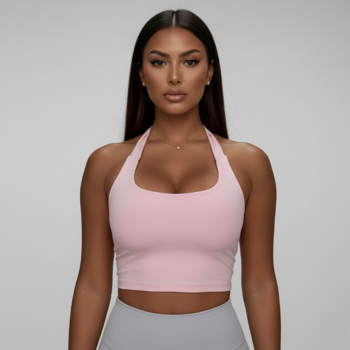 Pink women’s backless yoga tank top, breathable and stretchy