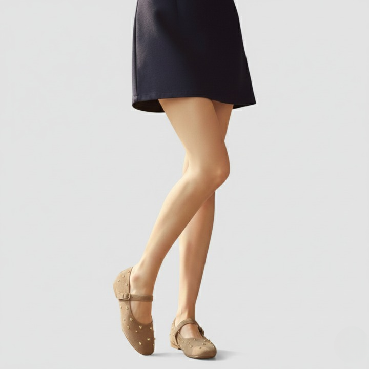 Women’s grey suede flat ballerina shoes with buckle