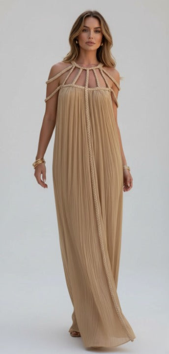 Beige sleeveless backless hollow-out maxi dress – elegant summer outfit