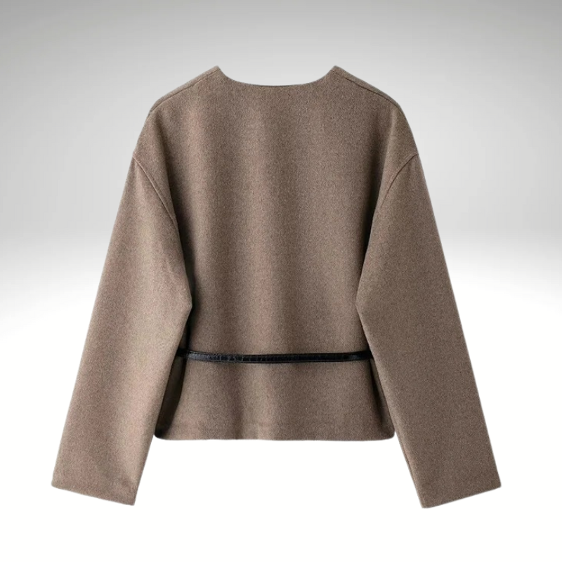 Back view of elegant belted jacket for women