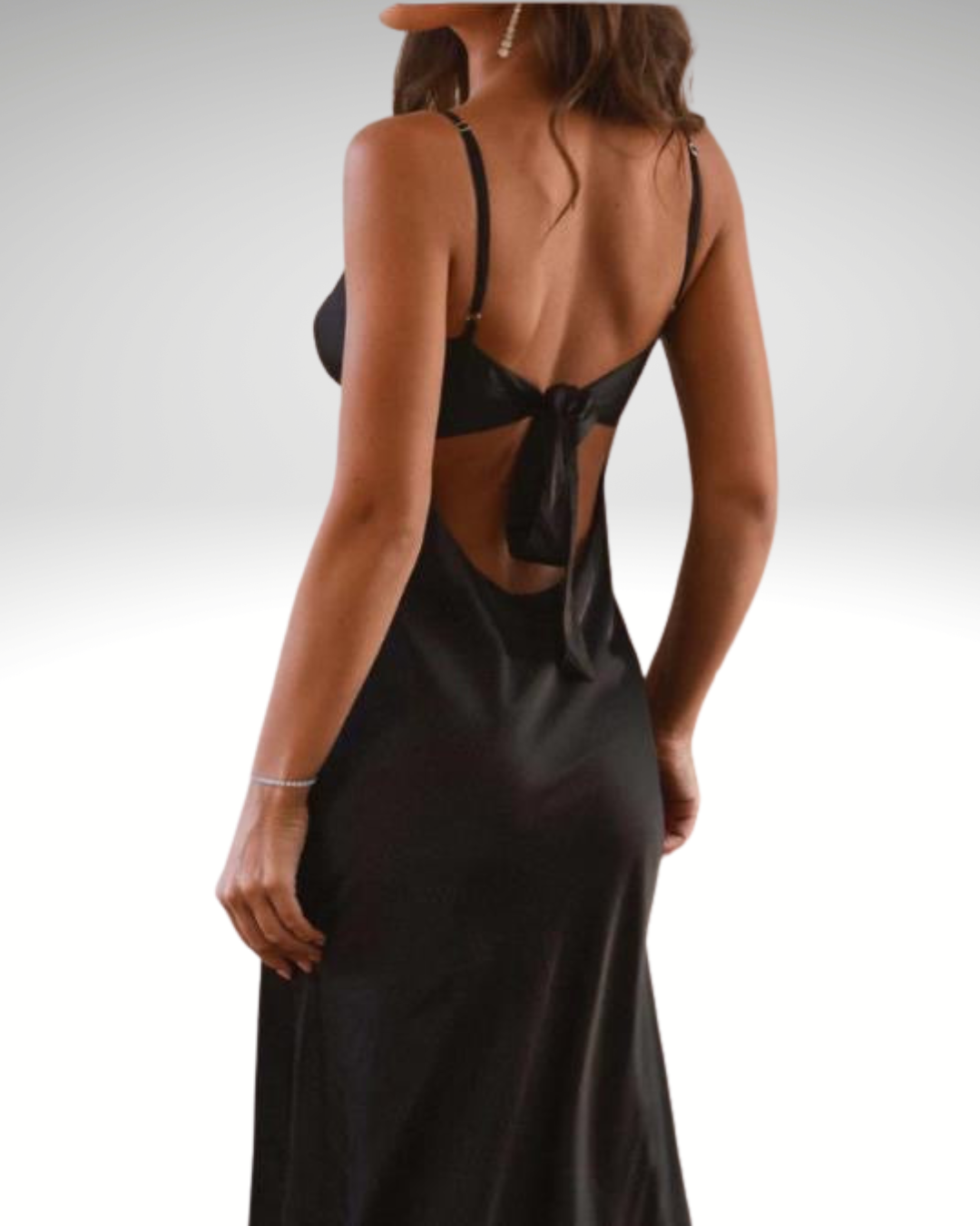 Black long dress with open back for women, deep V-shaped back design