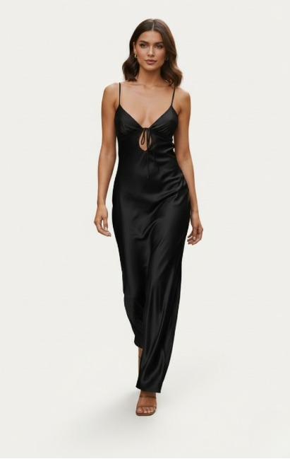Black long backless dress for women with deep V-neck, elegant front view