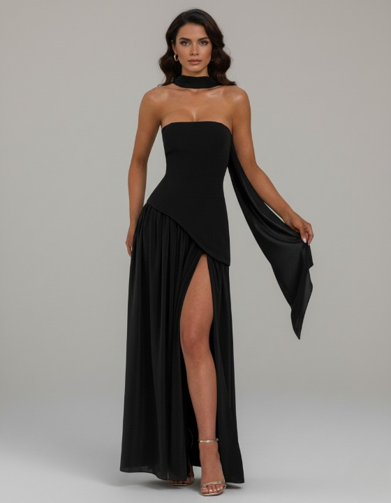 Black maxi evening dress with high slit, elegant long flowing silhouette for formal events