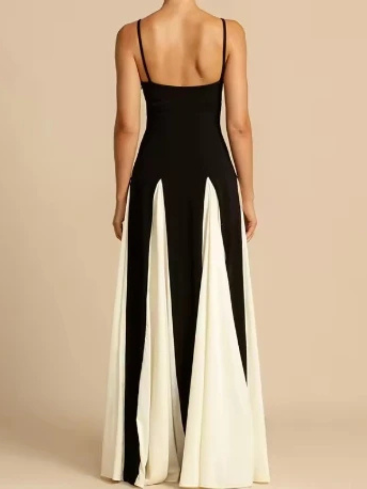Black and white maxi dress – back view highlighting elegant back design and flowing silhouette