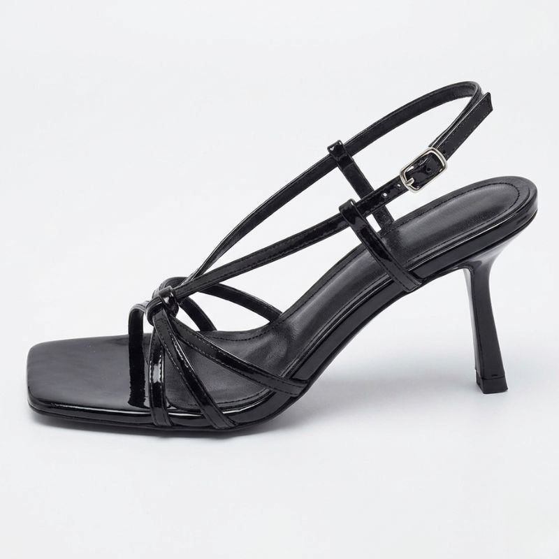 Black women’s heeled sandals with thin straps and open square toe