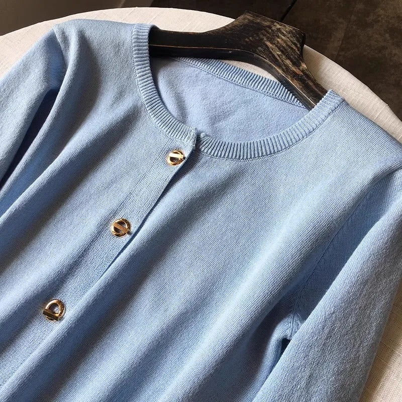 Elegant blue knitted cardigan for women – round neck long sleeves