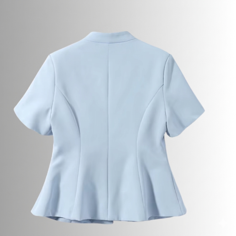 Back view of elegant pastel blue fitted peplum women’s blouse