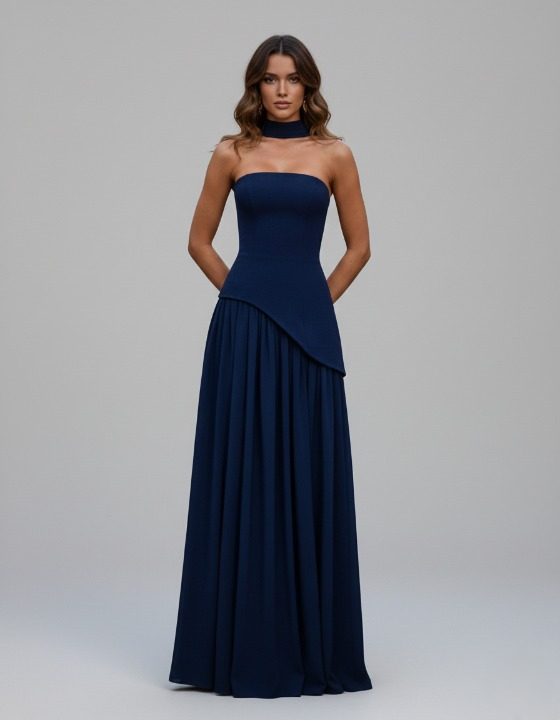 Blue formal maxi dress for women, refined style for evening events