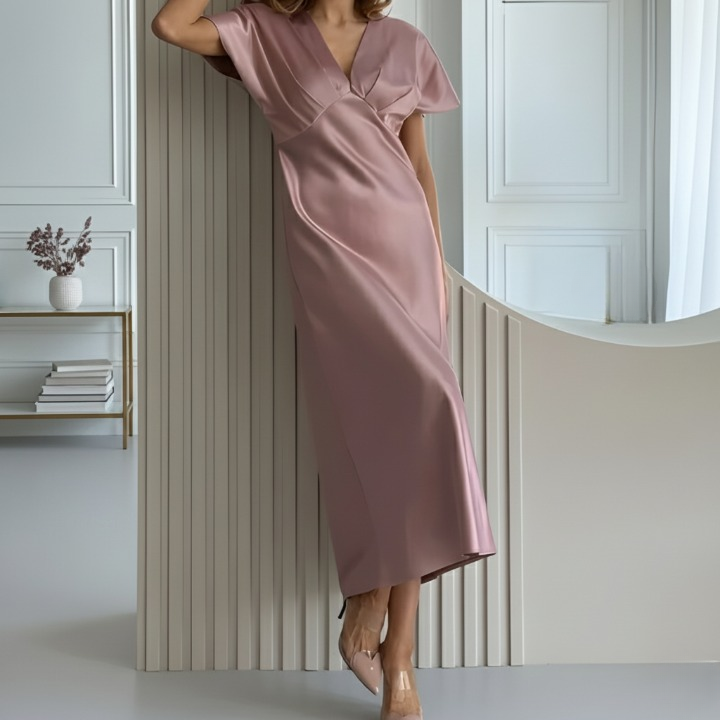 Blush pink satin midi dress with a flattering V-neck and airy short sleeves, romantic elegant style for women
