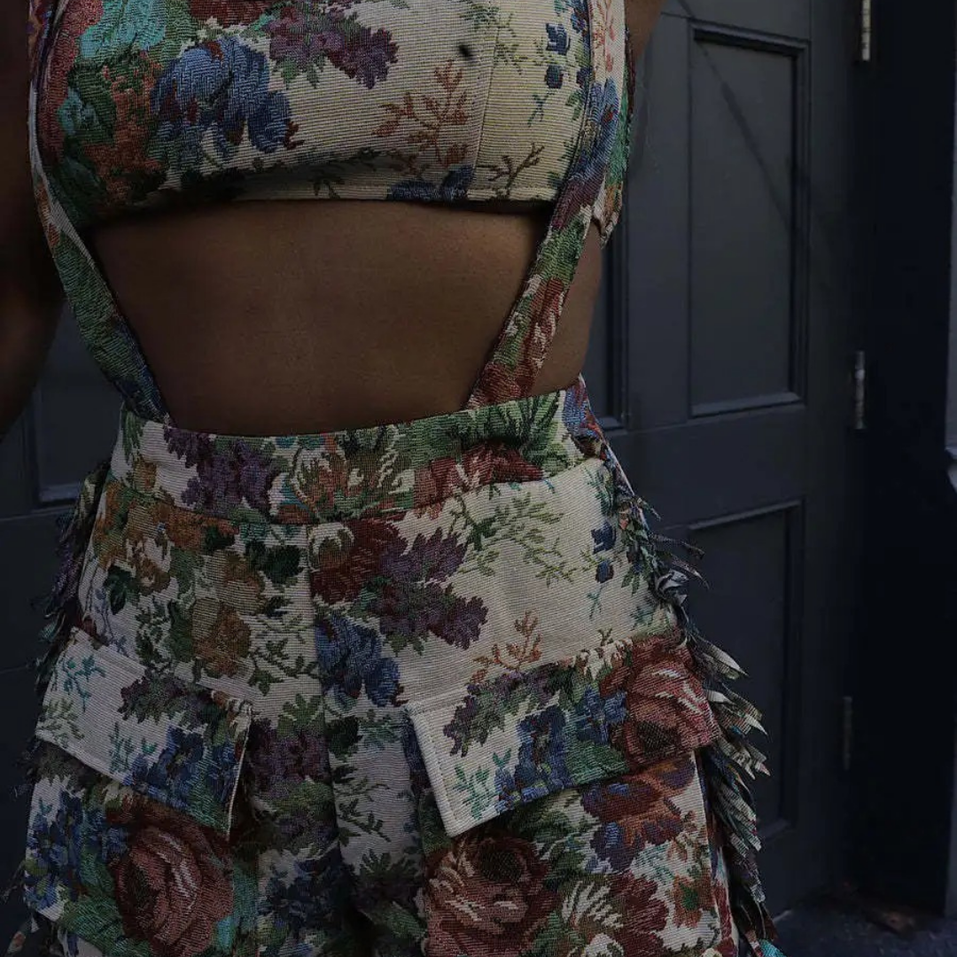 Bohemian floral print shorts and strappy top set – chic casual outfit for vacations and summer days