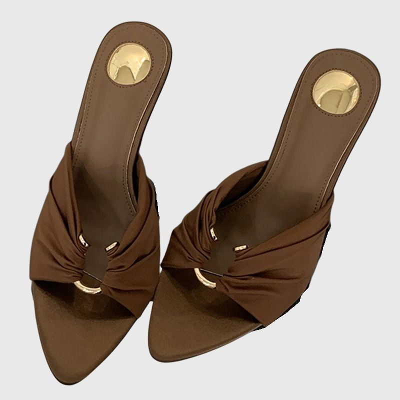 Elegant front detail women’s brown open toe mules