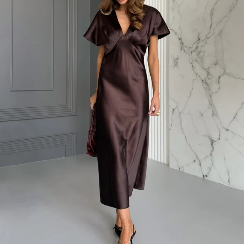 Brown satin midi dress for women with V-neck and short sculpted sleeves, elegant high-waist fit.